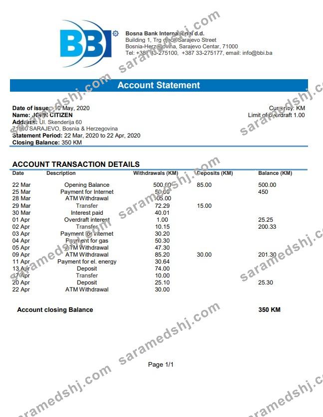 Bosnia and Herzegovina Bosna Bank International bank  statement